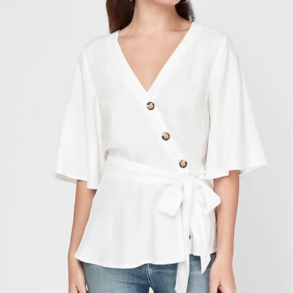 Express Button Front Kimono Sleeve Twill Peplum